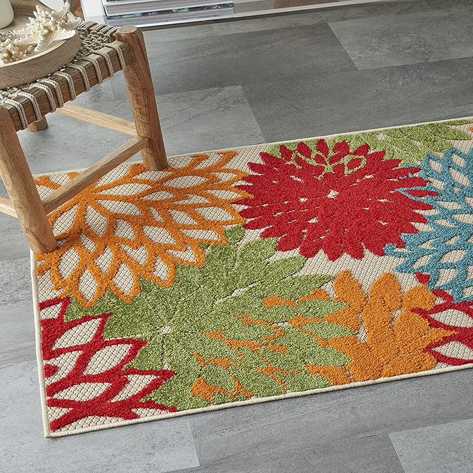 Nourison Aloha Indoor/Outdoor Green 2'8" x 4' Area Rug, Tropical, Botanical, Easy Clean, Non Shedding, Bed Room, Living Room, Dining Room, Deck, Backyard, Patio (3x4)