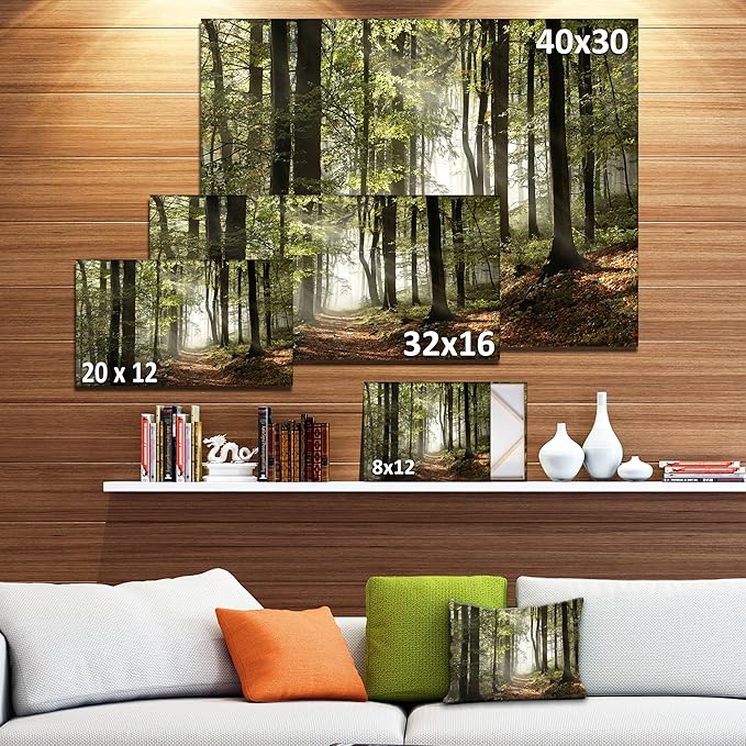 DesignArt Oversized Canvas Wall Art Décor - Green Fall Forest with Sun Rays - Forest Nature Wall Art Decor Sunshine Through Forest and Road Canvas Pictures - 30" x 40"