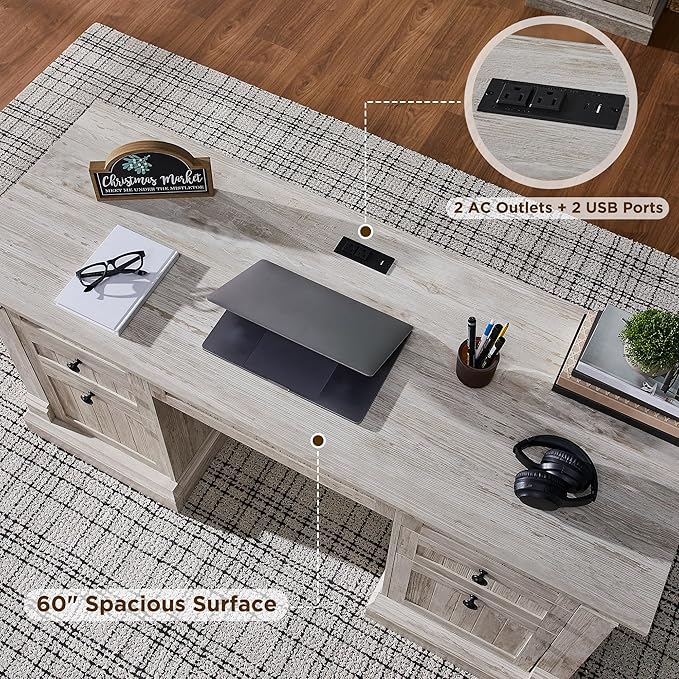 OKD 60" Executive Desk with Drawers, Farmhouse Home Office Desk with Charging Station, Keyboard Tray, File Cabinet Storage, Wood Computer Desk for Work and Study, Antique Brushed White