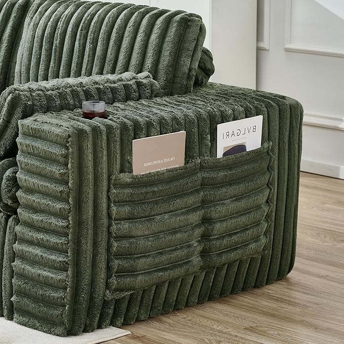 KEIKI 113'' Oversized Ribbed Chenille Modular Sectional with Ottoman, Deep-Seat Cloud Sofa with Cup Holder & Storage Pouch, Indoor Chaise Lounge Boneless Chair for Office, Studio & Creative Workspaces