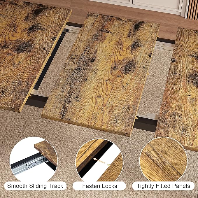 Extendable Dining Table for 4-6, 63" Modern Kitchen Table, Farmhouse Dining Room Tables for Dining, Kitchen, Office, Living Room, Rectangular Wooden Tables, Space Saving (Rustic Brown)