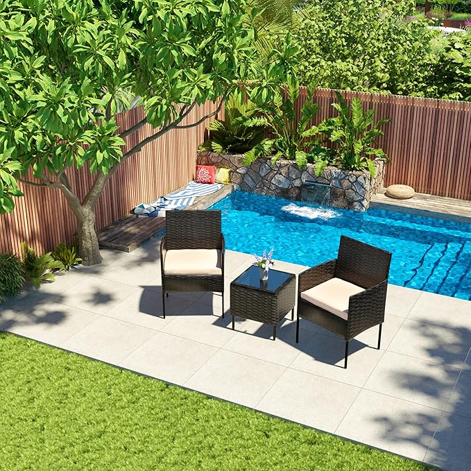 3 Pieces Patio Furniture Set, Outdoor Conversation Sets, Wicker Rattan Chairs for Garden Backyard Balcony Porch Poolside, Set with Glass Table and Soft Cushions (Black+Beige)