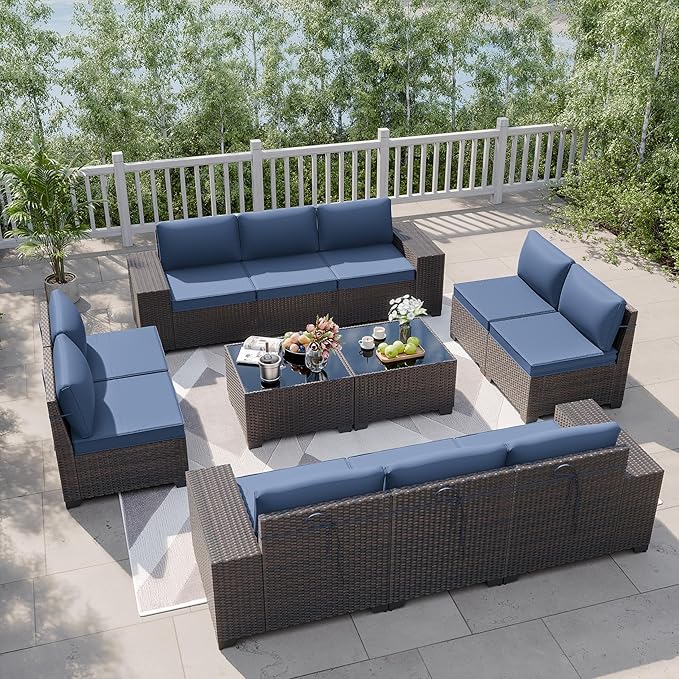 Kurapika 12 Pieces Patio Furniture Set, Rattan Wicker Outdoor Conversation Sets w/4 Inch Cushion and Glass Coffee Table(Navy Blue)