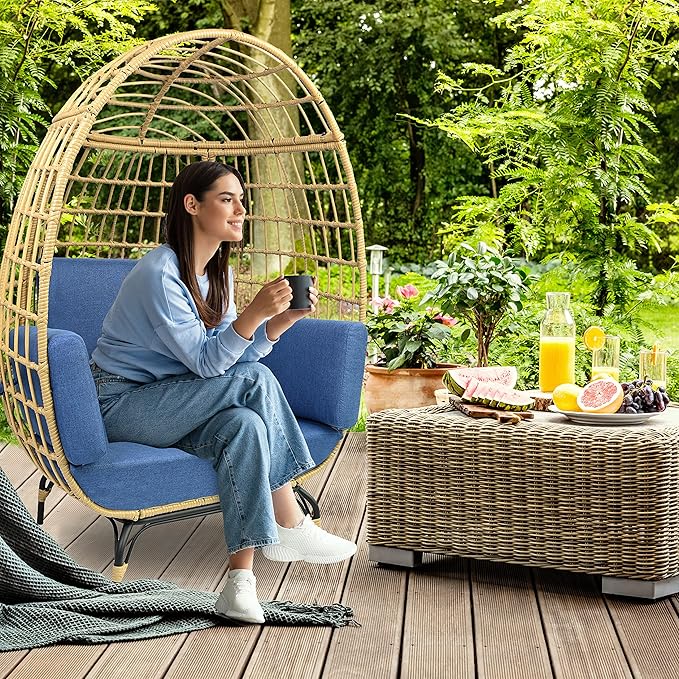 Jovial Wicker Rattan Egg Chair,Indoor Outdoor Blue Sofa Chair for Patio Backyard and Living Room with 4 Cushions and Powder Coated Steel Frame,Woven Texture Contemporary Ribbed Back Design