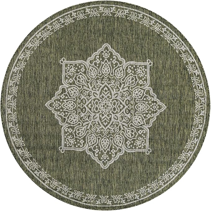 Unique Loom Outdoor Traditional Collection Area Rug - Antique (5' 3" Round Green/Ivory)