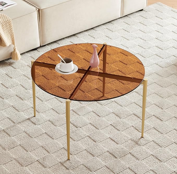 Shrine Round Tempered Glass Table, Gold Glass Coffee Table for Living Room, Circle Glass Top with Gold Metal Frame