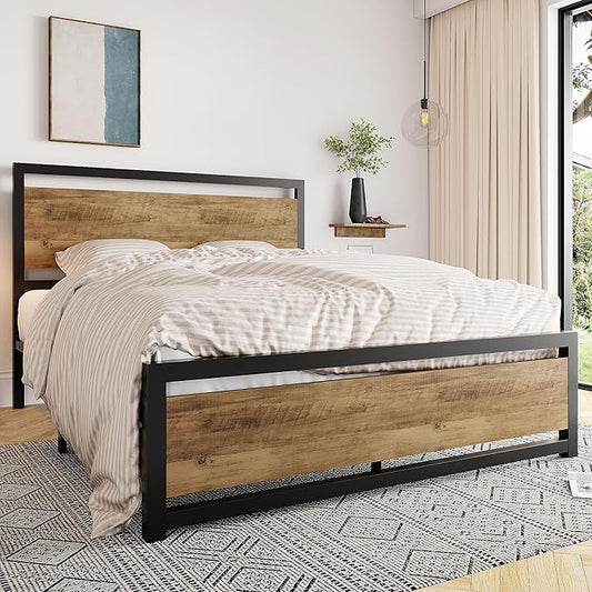 Allewie Full Bed Frame with Headboard, Heavy Duty Metal Platform Base with Strong Support, Underneath Storage Space, Stable Mattress Foundation, No Box Spring Needed, Brown