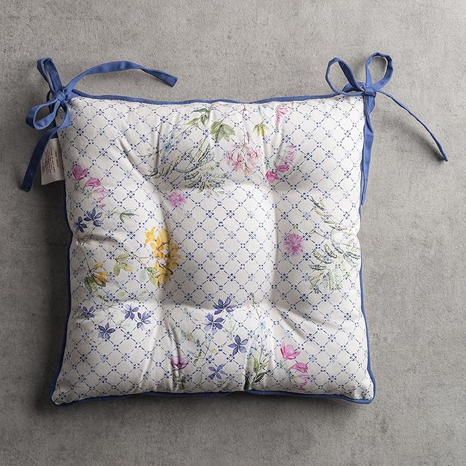 Maison d' Hermine Chair Pads for Dining Chairs Cotton Outer Fabric and Poly Filling 16"x16" Patio Seat Cushions for Furniture with Ties Home Chair Party Hall Farmhouse (Faience, Pack of 2)