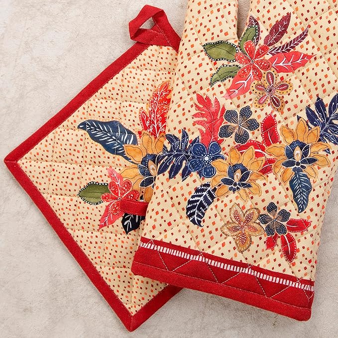 Maison d' Hermine 100% Cotton Oven Mitt & Pot Holder Set (7.5"x13" & 8"x8") Heat Resistant BBQ Cooking Gloves with Loop for Thanksgiving Christmas Decorations Handling Hot Pans (Kalahari)