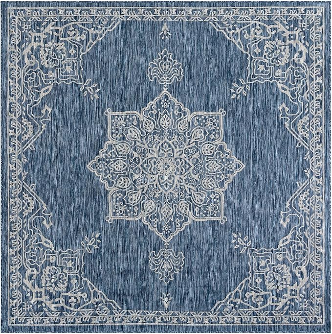 Unique Loom Outdoor Traditional Collection Area Rug - Antique (7' 10" Square Blue/Ivory)