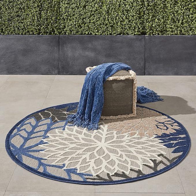 Nourison Aloha Indoor/Outdoor Blue/Multicolor 5'3" x Round Area Rug, Tropical, Botanical, Easy Cleaning, Non Shedding, Bed Room, Living Room, Dining Room, Deck, Backyard, Patio (5 Round)