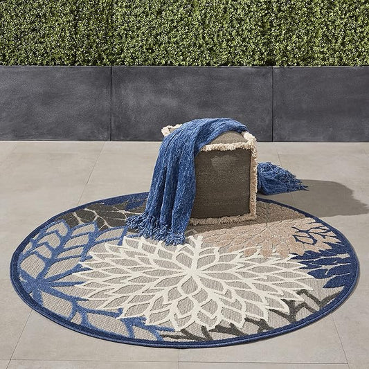 Nourison Aloha Indoor/Outdoor Blue/Multicolor 5'3" x Round Area Rug, Tropical, Botanical, Easy Cleaning, Non Shedding, Bed Room, Living Room, Dining Room, Deck, Backyard, Patio (5 Round)