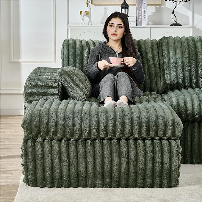 KEIKI 113'' Oversized Ribbed Chenille Modular Sectional with Ottoman, Deep-Seat Cloud Sofa with Cup Holder & Storage Pouch, Indoor Chaise Lounge Boneless Chair for Office, Studio & Creative Workspaces