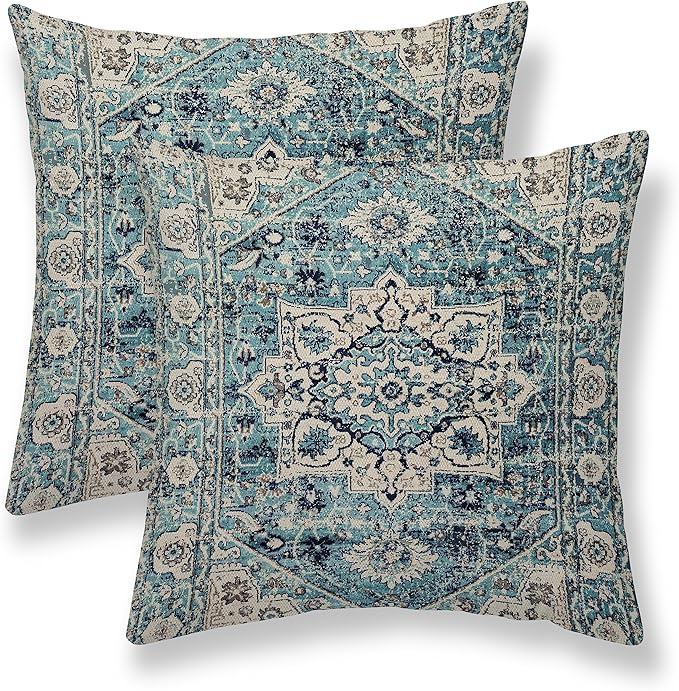 Boho Pillow Covers 18X18 Inch Set of 2 Bohemian Vintage Throw Pillow Covers Blue Carpet Pattern Cushion Cases Farmhouse Decorative Outdoor Pillow Covers for Couch Home Sofa Living Room