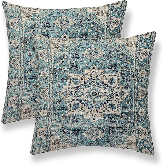 Boho Pillow Covers 18X18 Inch Set of 2 Bohemian Vintage Throw Pillow Covers Blue Carpet Pattern Cushion Cases Farmhouse Decorative Outdoor Pillow Covers for Couch Home Sofa Living Room