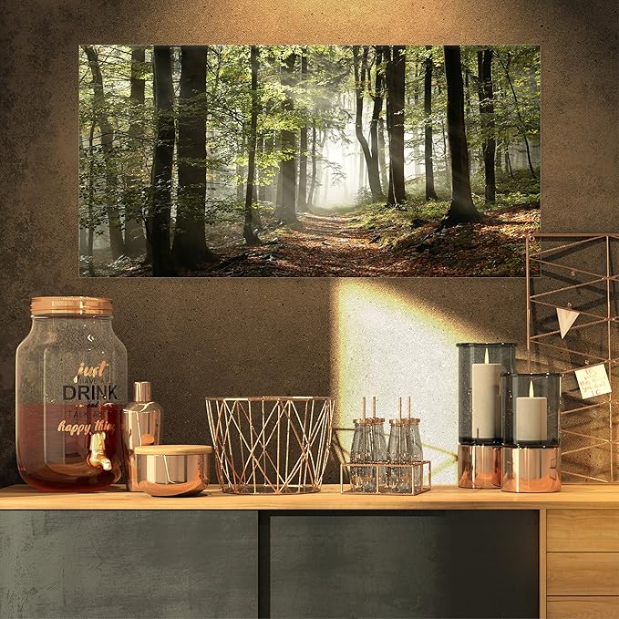 DesignArt Oversized Canvas Wall Art Décor - Green Fall Forest with Sun Rays - Landscape Canvas Print for Bedroom, Dining Room, Living Room Décor - 32" x 16"