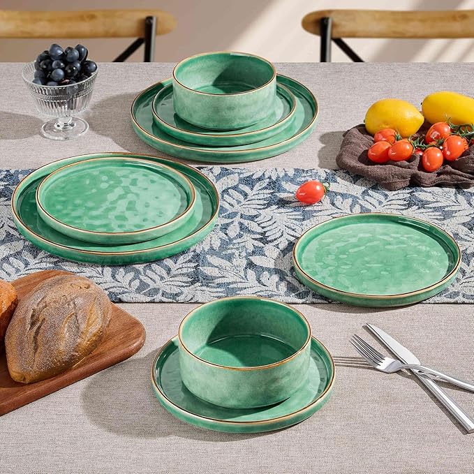 Herogo 18 Pieces Dinnerware Dish Sets, Plates and Bowls Sets for 6, Elegant Kitchen Dinning Dishes, Dishwasher & Microwave Safe, Gemstone Green