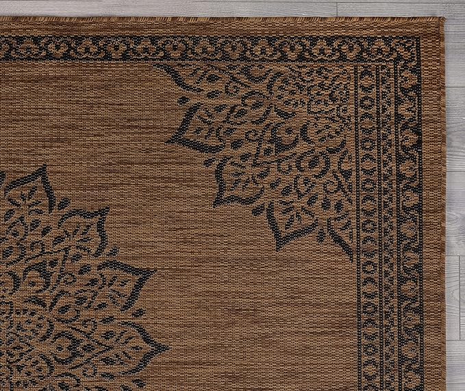 CAMILSON Outdoor Rug, 5x7 Medallion Nut Brown Black Modern Area Rugs for Indoor and Outdoor Patios, Kitchen and Hallway Mats, Washable Porch Deck Outside Carpet (Medallion Nut Brown Black, 5 x 7)