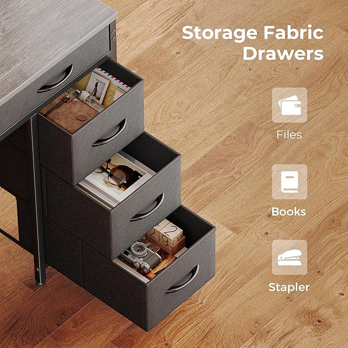 Huuger Gaming Desk with 6 Drawers, Computer Desk with LED Lights Power Outlets and Type-C, 47 Inch Office Desk with Storage, Monitor Stand, Writing Desk Work Desk for Home Office, Bedroom, Study, Grey