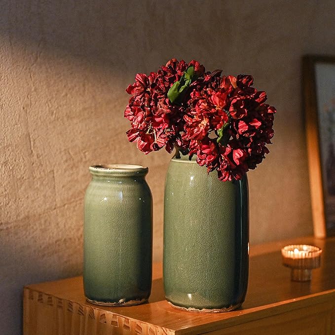 VICTOR & TERESA Rustic Large Blue and Grey Vase for Home Decor, 10'' Tall Ceramic Vases for Flowers, Farmhouse Decorative Vases for Pampas Grass, Table, Mantel, Living Room, Centerpieces