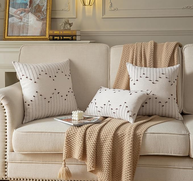 Boho Throw Pillow Covers 18x18 Set of 2 Decorative Pillows for Bed, Neutral Pillow Covers Beige with Coffee Line Throw Pillows for Modern Farmhouse Couch Sofa Living Room Outdoor