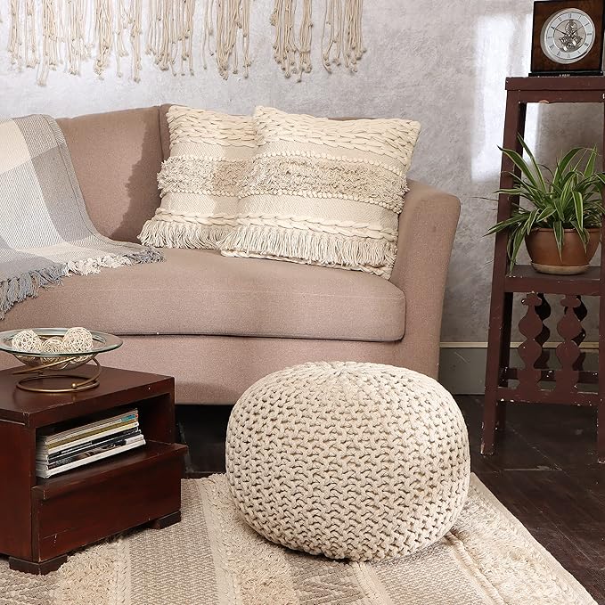 REDEARTH · Tufted Throw Pillow Cushion Covers - Boho Textured Woven Decorative Cases Set for Couch - Sofa - Bed - Farmhouse - Chair - Patio - Outdoor - car - 100% Cotton (18x18 ; Natural) Pack of 2