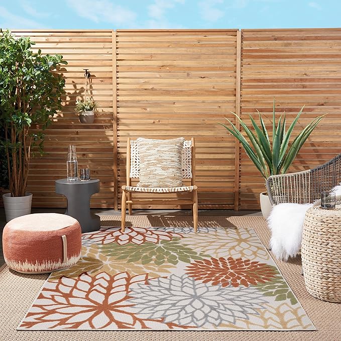 Nourison Home Aloha Indoor-Outdoor Ivory Multicolor 3'6" x 5'6" Area Rug, Easy Cleaning, Non Shedding, Bed Room, Living Room, Dining Room, Backyard, Deck, Patio (4x6)