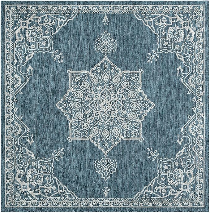 Unique Loom Outdoor Traditional Collection Area Rug - Antique (7' 10" Square Teal/Ivory)
