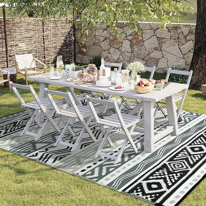 Lahome Outdoor Rug 8x10 Patio Waterproof, Reversible Outdoor Plastic Straw Rug for Camping, RV Patio Rugs Outside Large Carpet for Porch Deck Backyard Picnic(Grey/Black,8'x 10')