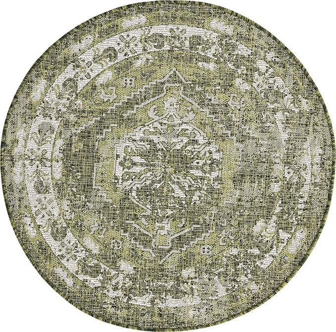 Unique Loom Outdoor Traditional Collection Area Rug - Valeria (4' 1" Round, Green/ Light Green)