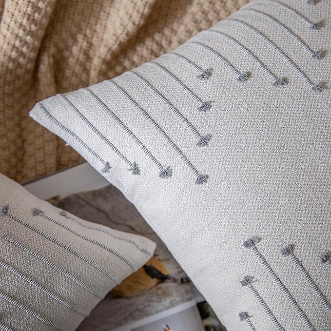 Caflife Boho Throw Pillow Covers 12x20 Set of 2 Decorative Pillows for Bed and Sofa, Beige with Grey Line Throw Pillows for Modern Farmhouse Couch Living Room