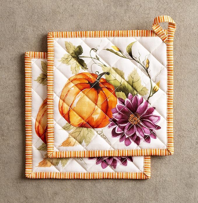 Maison d' Hermine Pot Holders Set 100% Cotton Heat Resistant Potholders 8" x 8" Hot Pads with Loop for Thanksgiving Christmas Decorations Handling Hot Pans (Pack of 2, Pumpkin Garden - Cloudy Cream)