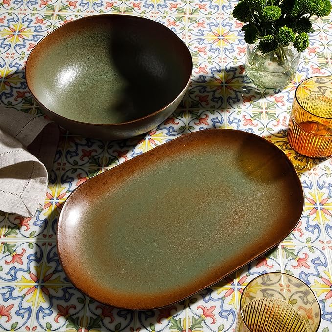 Bloomhouse Palermo Sun 2 Piece Serving Bowl and Oval Platter Stoneware Reactive Glaze Serveware Set - Cardamom Green