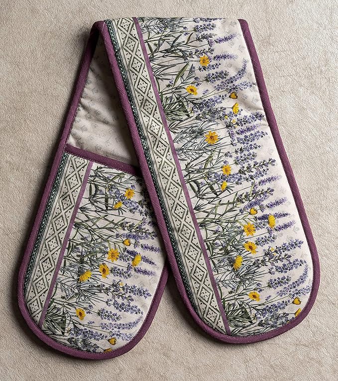 Maison d' Hermine Double Oven Mitts 100% Cotton 7"x35" Double Oven Mitt Heat Resistant BBQ Cooking Gloves with Loop, Baking, Grilling, Home, Kitchen, Handling Hot Pans Spring Summer (Fanny Lavender)