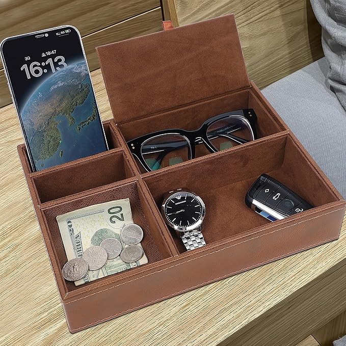 Zcaukya Men's Valet Tray, Jewelry Box Nightstand Organizer with 5 Compartments for Phone Keys Wallet Watch Glasses, Faux Leather Dresser Entryway Catchall Holder for Father's Day Gift (Brown)