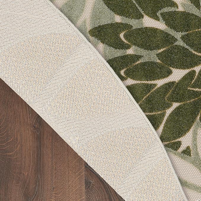 Nourison Home Aloha Indoor/Outdoor Ivory Green 5'3" x Round Area Rug, Easy Cleaning, Non-Shedding, Bed Room, Living Room, Dining Room, Backyard, Patio, Deck (5 Round)