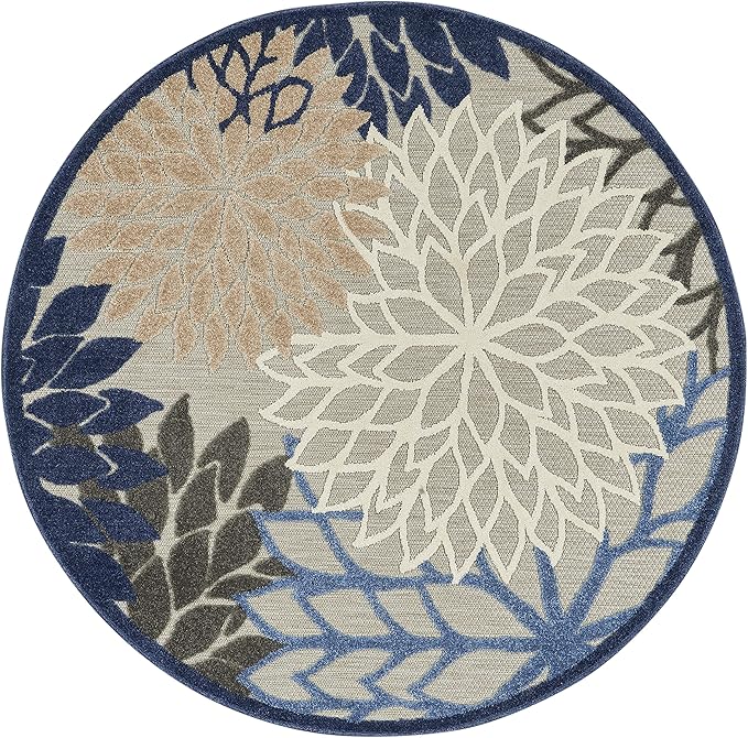 Nourison Aloha Indoor/Outdoor Blue/Multicolor 5'3" x Round Area Rug, Tropical, Botanical, Easy Cleaning, Non Shedding, Bed Room, Living Room, Dining Room, Deck, Backyard, Patio (5 Round)