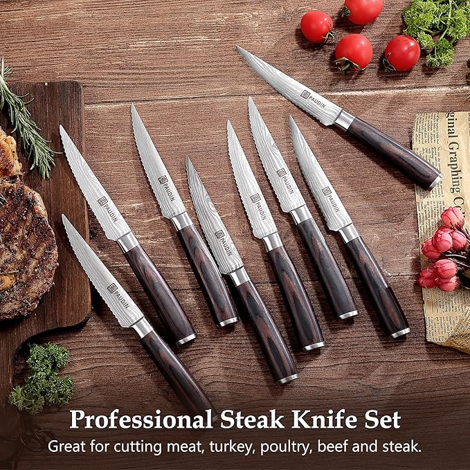 PAUDIN Steak Knives 4.5 Inch, Steak knives Set of 8, High Carbon Stainless Steel Steak Knife Set, Sharp Serrated Steak Knife with Pakkawood Handle, Kitchen Steak Knives with Gift Box