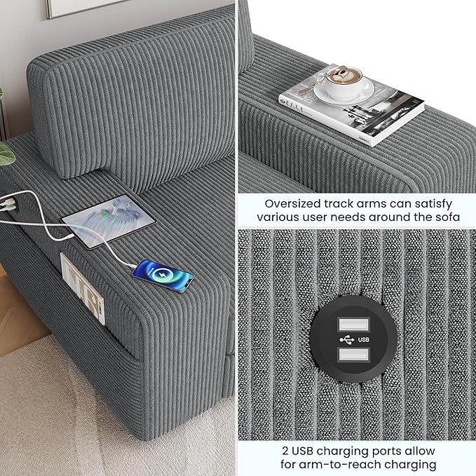 Yaheetech 83.5" W Modern Sofa Couch Corduroy Fabric Sofa with Detachable Cover, USB Charging Ports & Side Storage Pockets for Living Room Apartment, Dark Gray