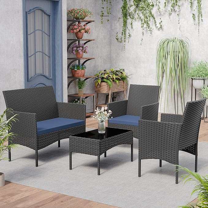 Kurapika Patio Furniture Set 4 Pieces Outdoor Wicker Rattan Chairs Conversation Sets w/Coffee Table, Rocking Bistro Set, for Deck,Patio,Backyard,Lawn (Navy Blue)