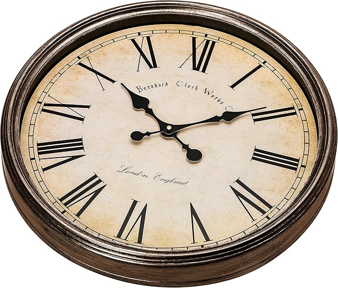 Bernhard Products Large Decorative Wall Clock 20 Inch Silent Non Ticking Battery Operated Quartz Vintage Stylish with Rustic Dark Brown Rim for Home Living/Dining Room Kitchen & Over Fireplace