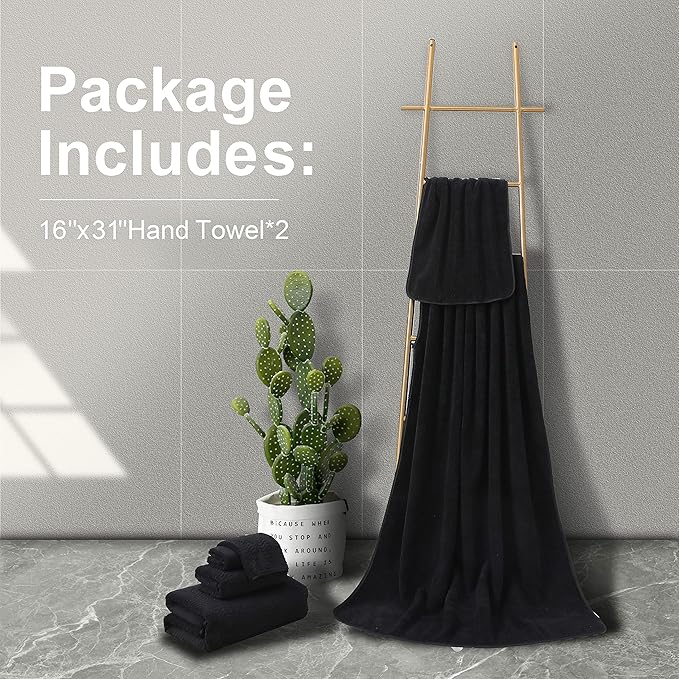 Ultra Soft 2 Piece Textured Hand Towel Set for Bathroom Shower Pool and Kitchen, Quick Dry, Highly Absorbent - Black