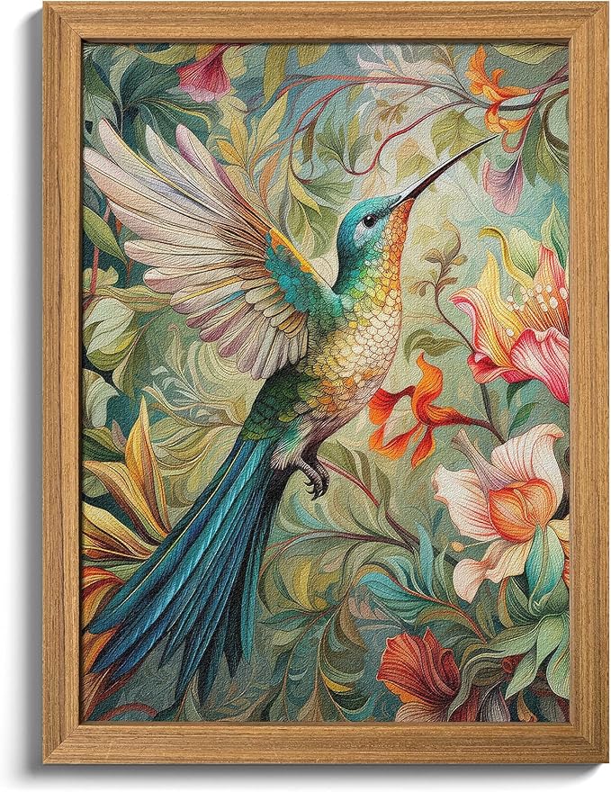 Framed Vintage 3D Textured Wall Art - Colorful Hummingbird Floral Wall Decor - Hand Painted Sandstone Nature Botanical Picture for Living Room Bedroom Home Decor 16x24 inch