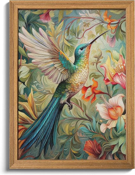 Framed Vintage 3D Textured Wall Art - Colorful Hummingbird Floral Wall Decor - Hand Painted Sandstone Nature Botanical Picture for Living Room Bedroom Home Decor 24x36 inch