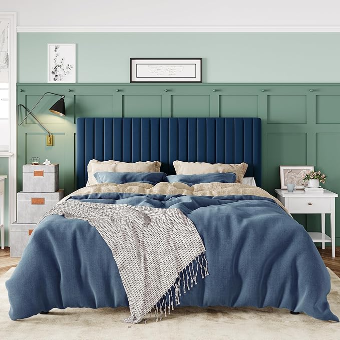 Allewie Full Bed Frame, Velvet Upholstered Platform Bed with Adjustable Vertical Channel Tufted Headboard, Mattress Foundation with Strong Wooden Slats, Box Spring Optional, Easy Assembly, Navy Blue
