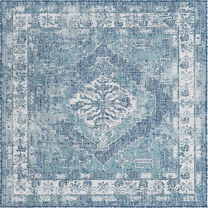 Unique Loom Outdoor Traditional Collection Area Rug - Valeria (5' 3" Square, Blue/ Ivory)