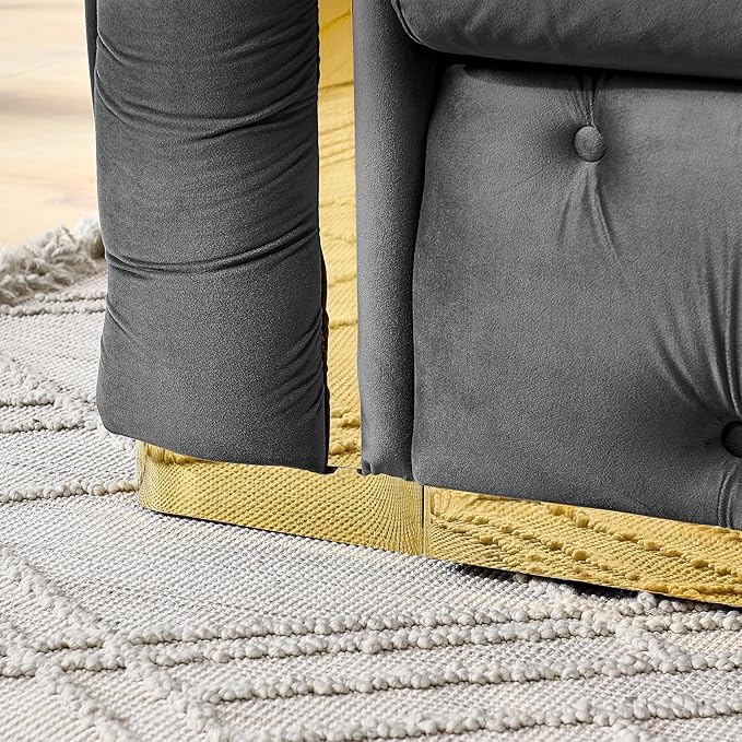 KEIKI 91" Luxury Oversized Velvet Chesterfield Sofa with Gold Stainless Steel Accents and 2 Pillows, Mid-Century Style 3-Seater Button Tufted Couch, Easy Assembly, for Apartment, Living Room, Gray