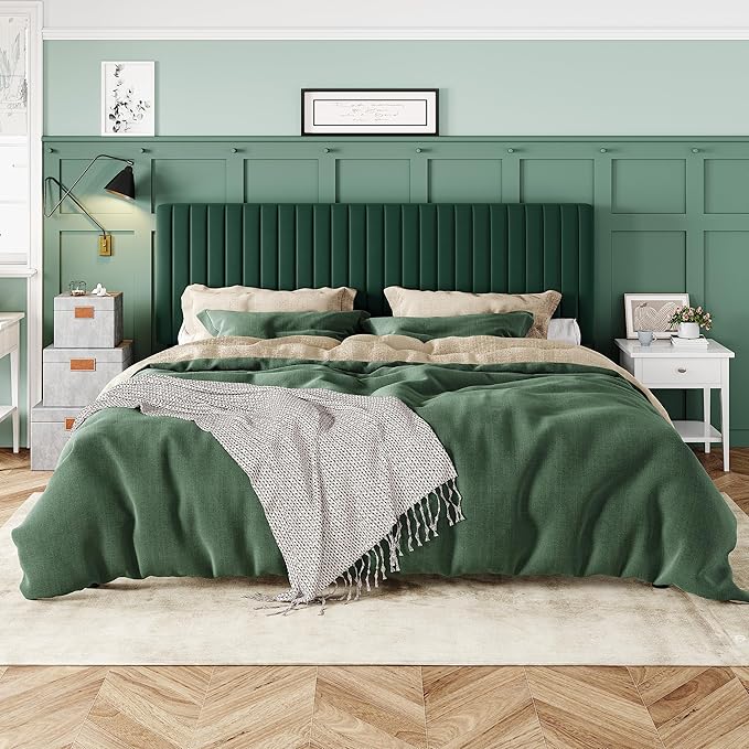Allewie King Bed Frame, Velvet Upholstered Platform Bed with Adjustable Vertical Channel Tufted Headboard, Mattress Foundation with Strong Wooden Slats, Box Spring Optional, Easy Assembly, Green