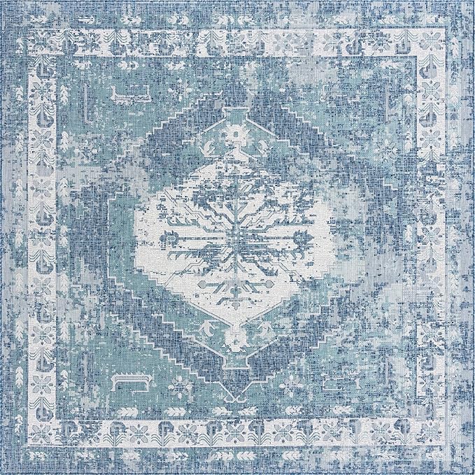 Unique Loom Outdoor Traditional Collection Area Rug - Valeria (10' Square, Blue/ Ivory)