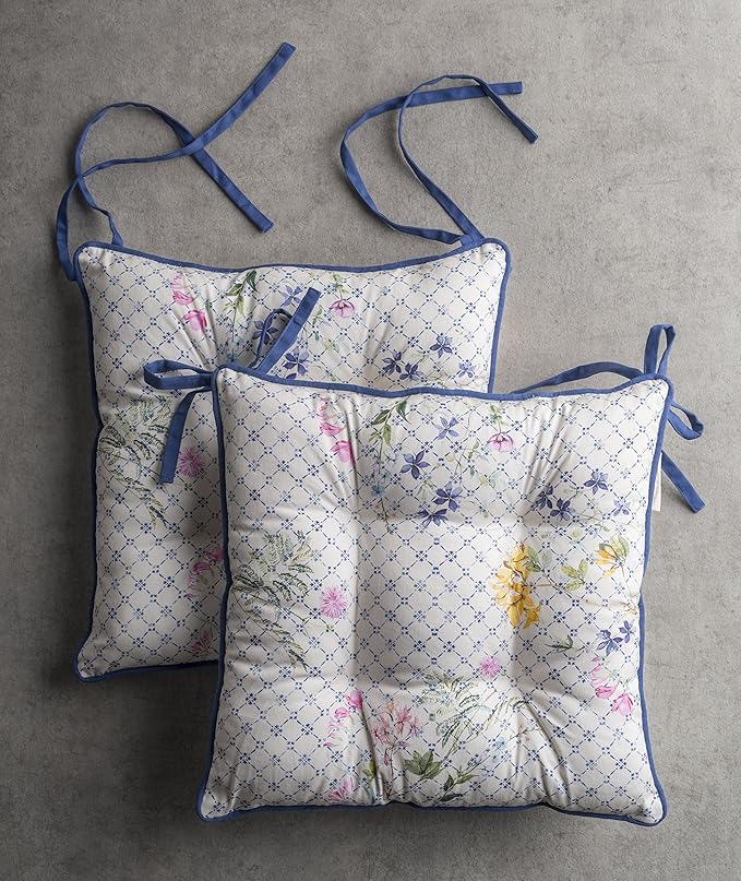 Maison d' Hermine Chair Pads for Dining Chairs Cotton Outer Fabric and Poly Filling 16"x16" Patio Seat Cushions for Furniture with Ties Home Chair Party Hall Farmhouse (Faience, Pack of 2)